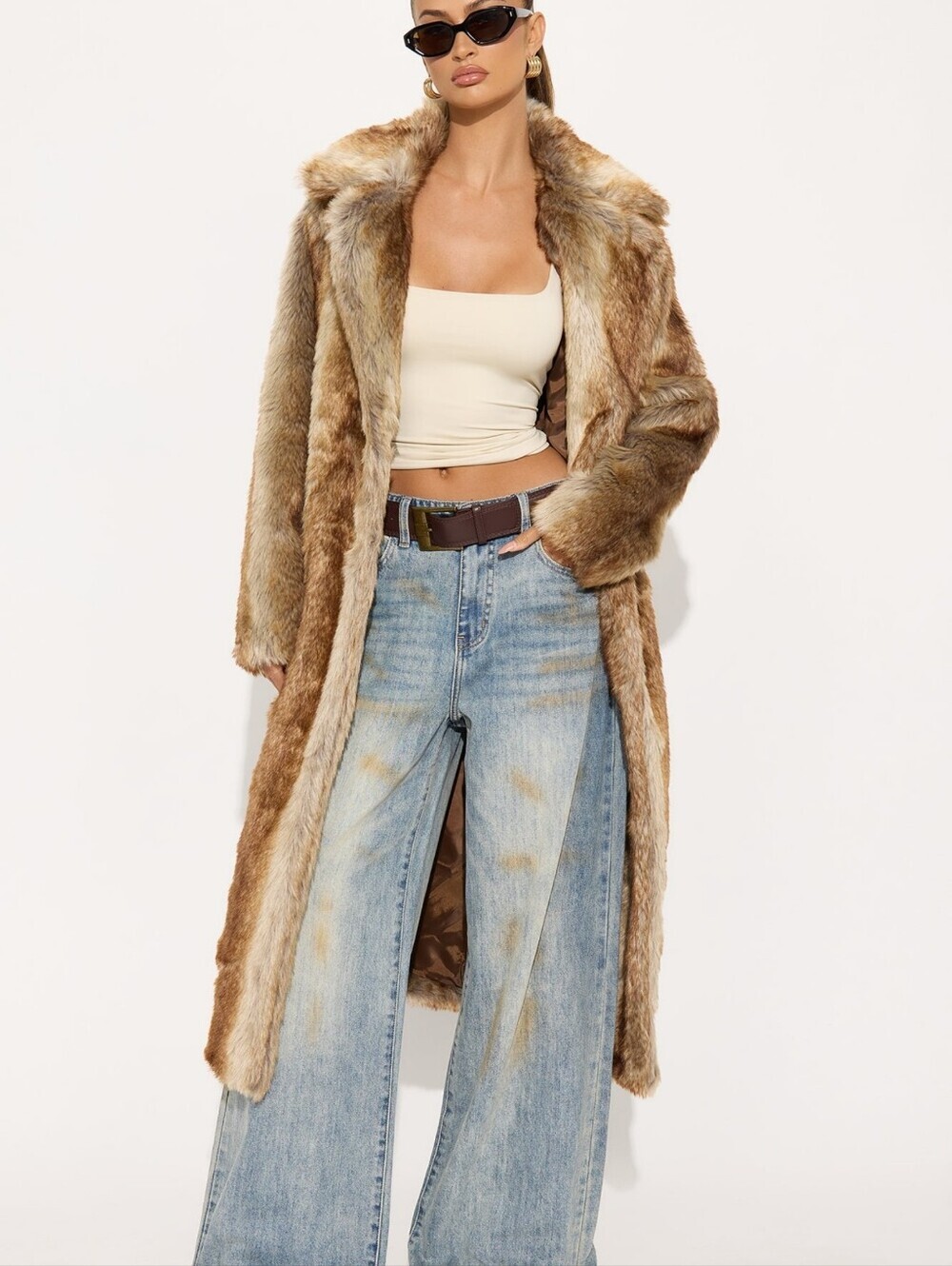 Luxury Faux Fur Throw Coat - Brown